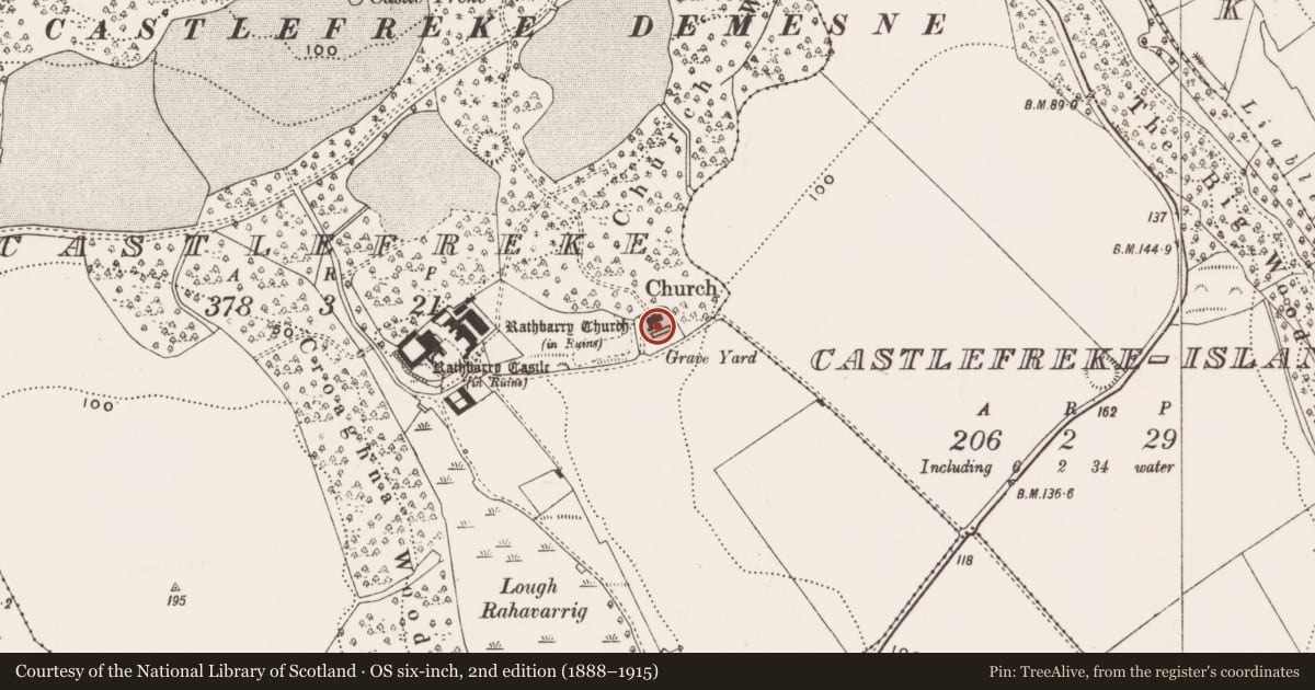 Ordnance Survey six-inch map, 2nd edition (1888–1915) covering the location of Graveyard, Castlefreke, County Cork, with a pin at the register's coordinates