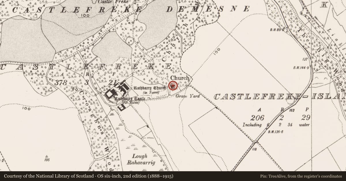 Ordnance Survey six-inch map, 2nd edition (1888–1915) covering the location of Church, Castlefreke, County Cork, with a pin at the register's coordinates
