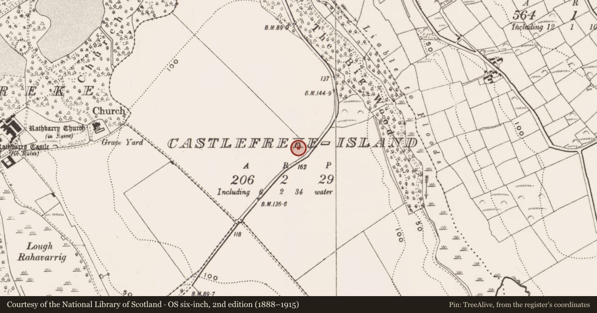 Ordnance Survey six-inch map, 2nd edition (1888–1915) covering the location of Ringfort - rath, Castlefreke-Island, County Cork, with a pin at the register's coordinates