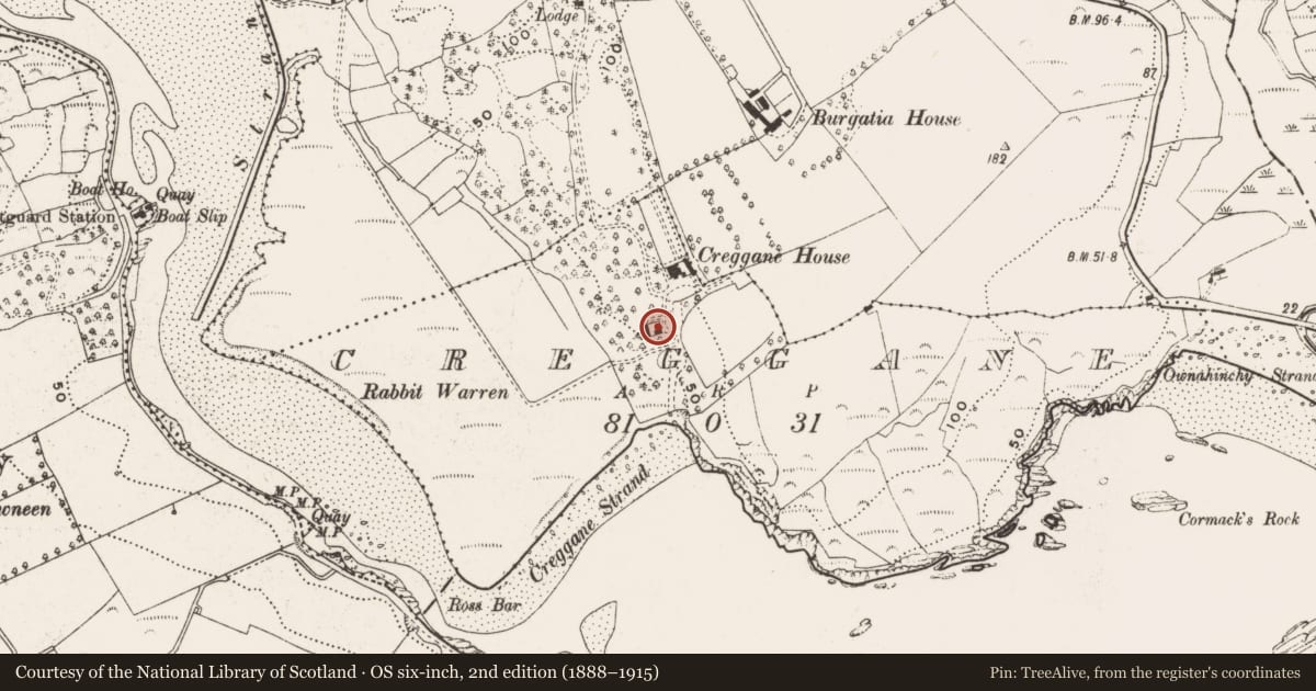 Ordnance Survey six-inch map, 2nd edition (1888–1915) covering the location of Building, Creggane, County Cork, with a pin at the register's coordinates