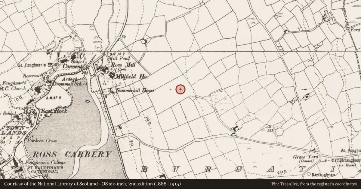 Ordnance Survey six-inch map, 2nd edition (1888–1915) covering the location of Fulacht fia, Burgatia, County Cork, with a pin at the register's coordinates