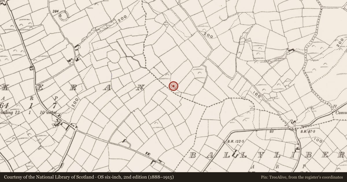 Ordnance Survey six-inch map, 2nd edition (1888–1915) covering the location of Church, Camus (Ibane and Barryroe By., Rathbarry Par.), County Cork, with a pin at the register's coordinates