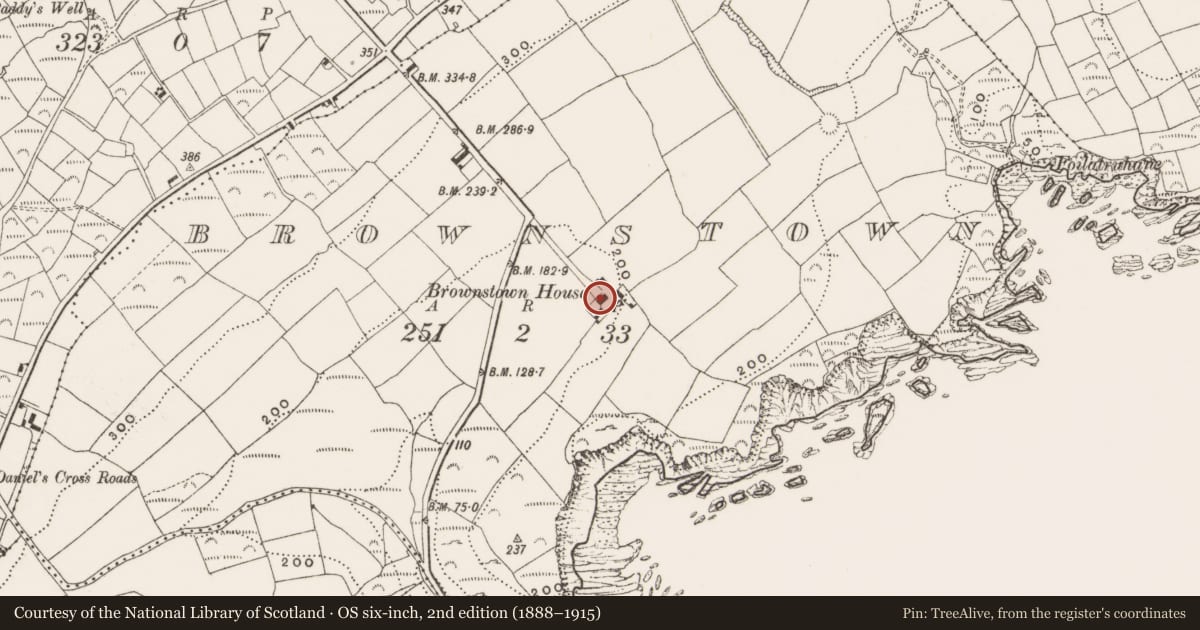 Ordnance Survey six-inch map, 2nd edition (1888–1915) covering the location of Country house, Brownstown, County Cork, with a pin at the register's coordinates