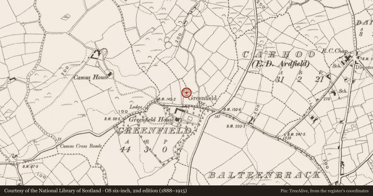 Ordnance Survey six-inch map, 2nd edition (1888–1915) covering the location of Burial ground, Corrabally (Ibane and Barryroe By., Kilkerranmore Par.), County Cork, with a pin at the register's coordinates