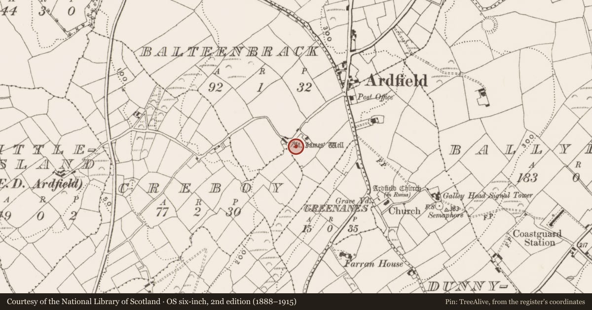 Ordnance Survey six-inch map, 2nd edition (1888–1915) covering the location of Ritual site - holy well, Balteenbrack (Ibane and Barryroe By., Island Par.), County Cork, with a pin at the register's coordinates