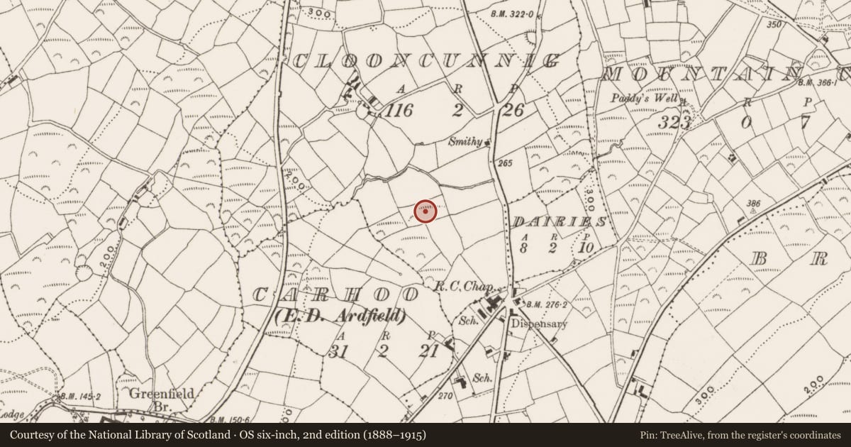 Ordnance Survey six-inch map, 2nd edition (1888–1915) covering the location of Church, Clooncunnig, County Cork, with a pin at the register's coordinates