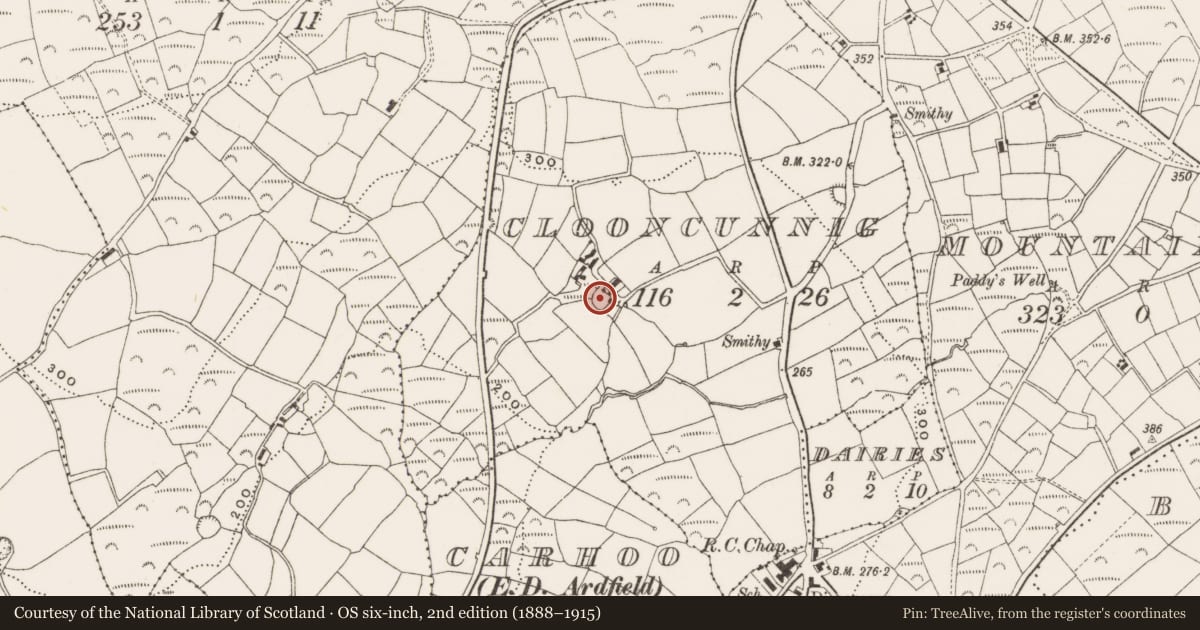 Ordnance Survey six-inch map, 2nd edition (1888–1915) covering the location of Souterrain, Clooncunnig, County Cork, with a pin at the register's coordinates