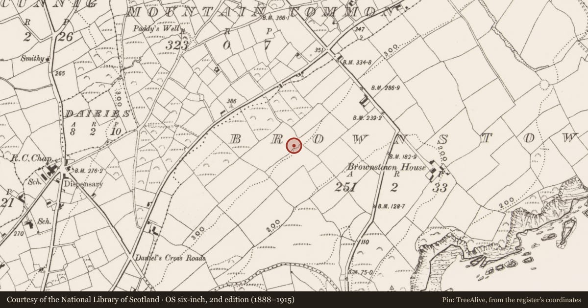 Ordnance Survey six-inch map, 2nd edition (1888–1915) covering the location of Ringfort - rath, Brownstown, County Cork, with a pin at the register's coordinates