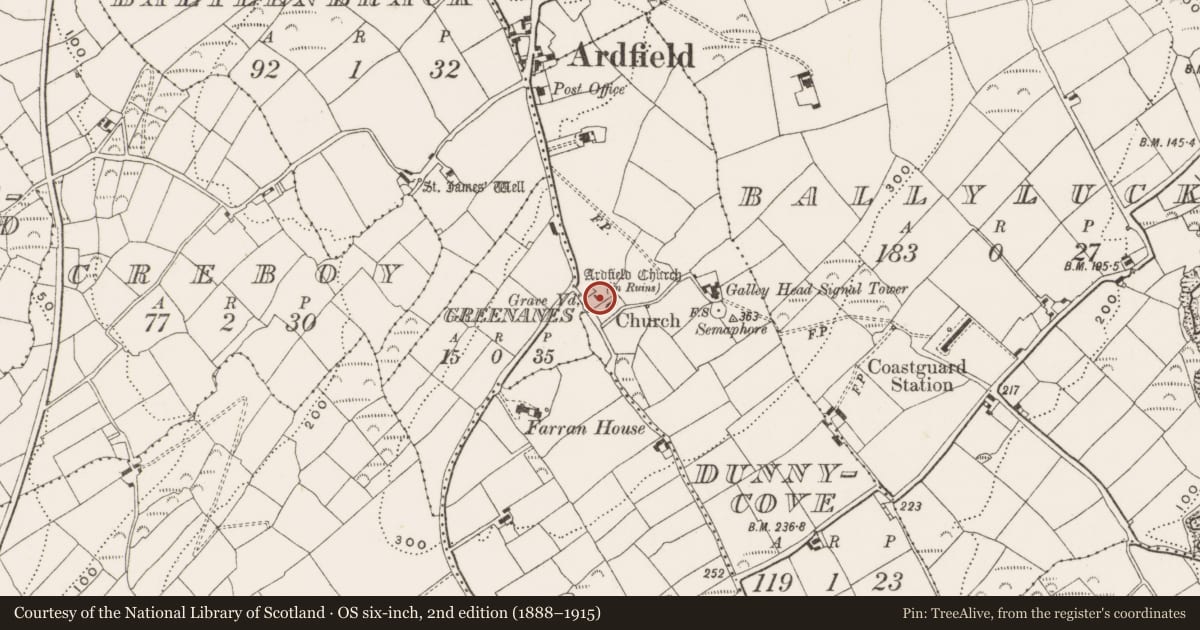 Ordnance Survey six-inch map, 2nd edition (1888–1915) covering the location of Graveyard, Dunnycove, County Cork, with a pin at the register's coordinates