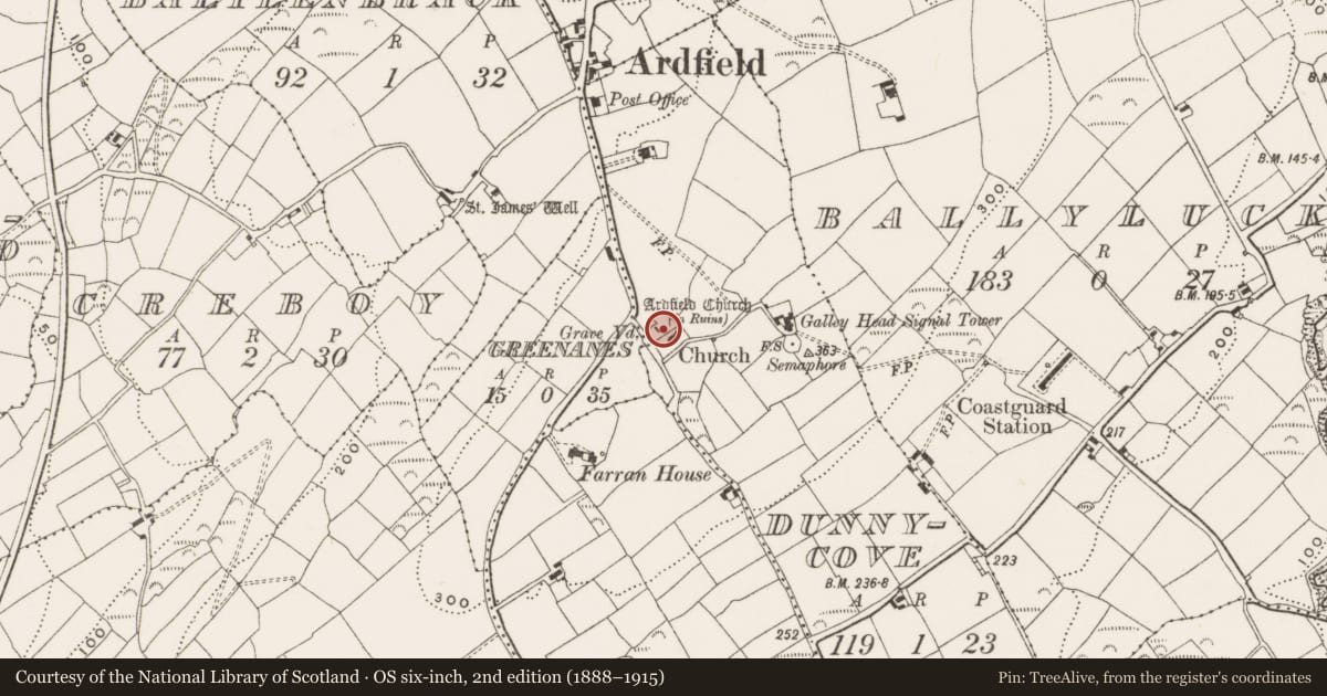 Ordnance Survey six-inch map, 2nd edition (1888–1915) covering the location of Church, Dunnycove, County Cork, with a pin at the register's coordinates