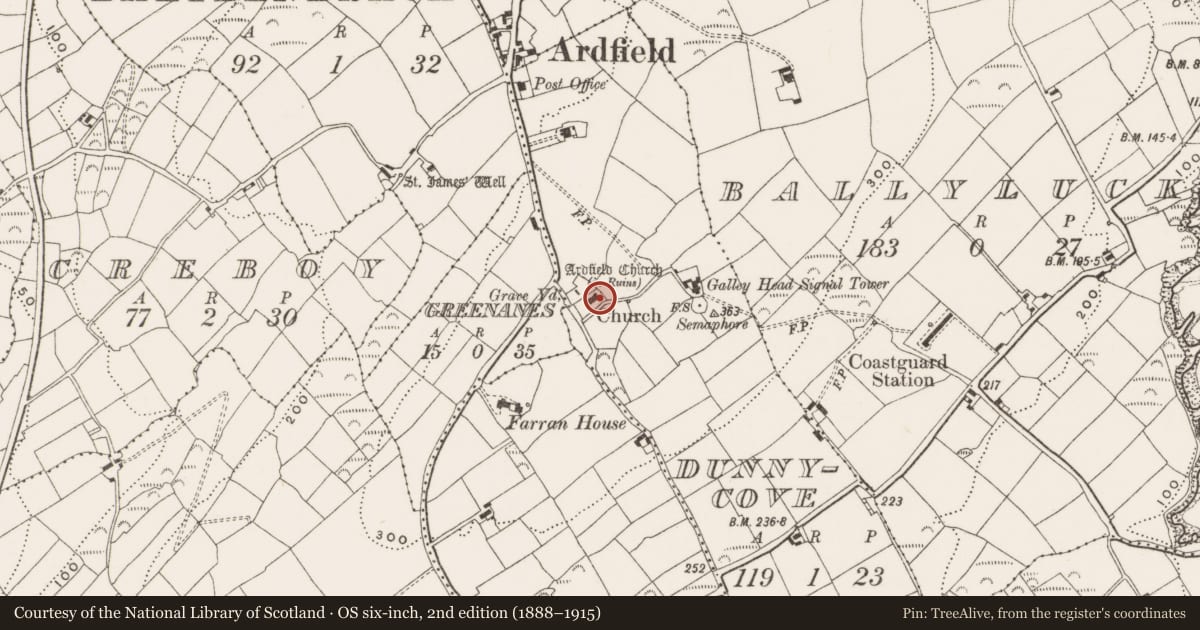 Ordnance Survey six-inch map, 2nd edition (1888–1915) covering the location of Church, Dunnycove, County Cork, with a pin at the register's coordinates