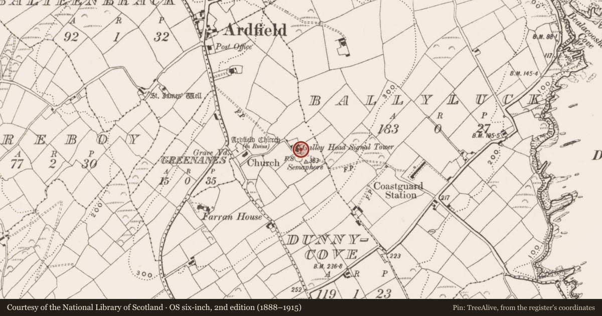 Ordnance Survey six-inch map, 2nd edition (1888–1915) covering the location of Signal tower, Dunnycove, County Cork, with a pin at the register's coordinates