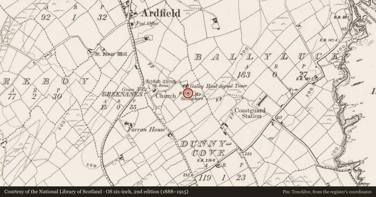 Ordnance Survey six-inch map, 2nd edition (1888–1915) covering the location of Designed landscape feature, Dunnycove, County Cork, with a pin at the register's coordinates