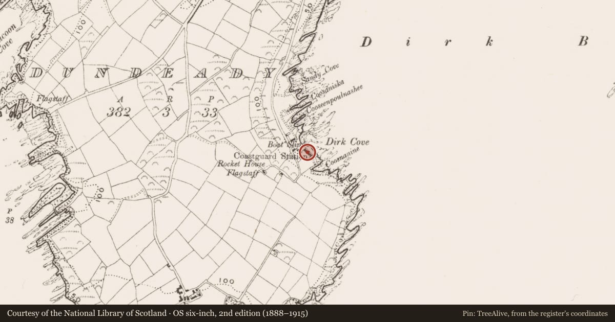 Ordnance Survey six-inch map, 2nd edition (1888–1915) covering the location of Building, Dundeady, County Cork, with a pin at the register's coordinates
