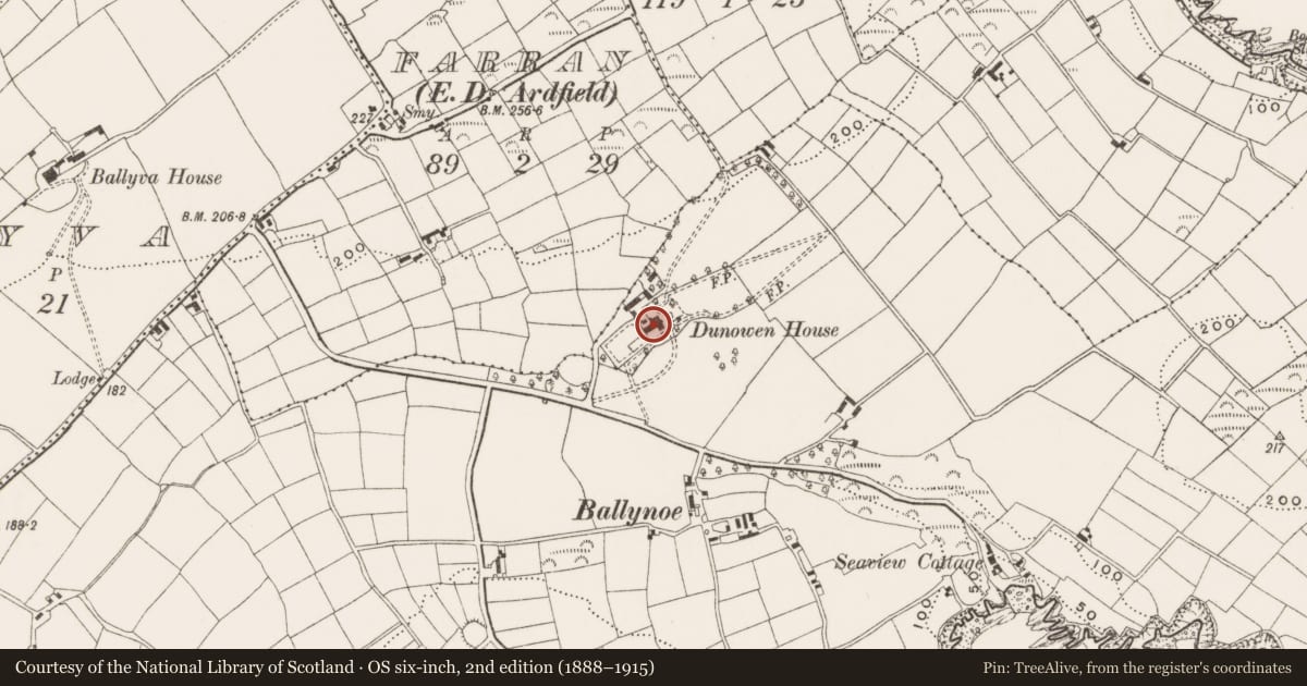 Ordnance Survey six-inch map, 2nd edition (1888–1915) covering the location of Country house, Dunowen, County Cork, with a pin at the register's coordinates