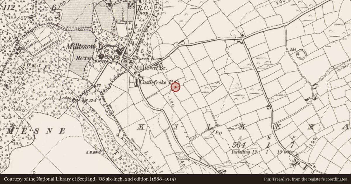 Ordnance Survey six-inch map, 2nd edition (1888–1915) covering the location of Fulacht fia, Kilkeran, County Cork, with a pin at the register's coordinates