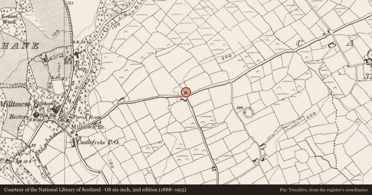 Ordnance Survey six-inch map, 2nd edition (1888–1915) covering the location of Church, Kilkeran, County Cork, with a pin at the register's coordinates