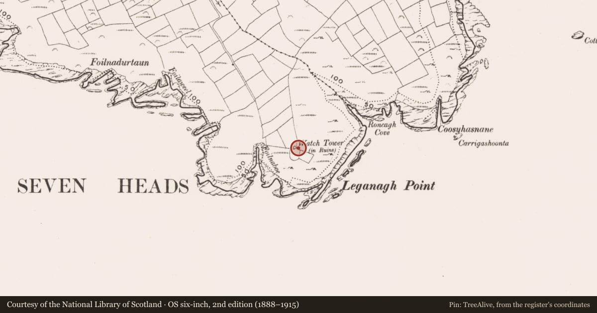 Ordnance Survey six-inch map, 2nd edition (1888–1915) covering the location of Signal tower, Ballymacredmond, County Cork, with a pin at the register's coordinates