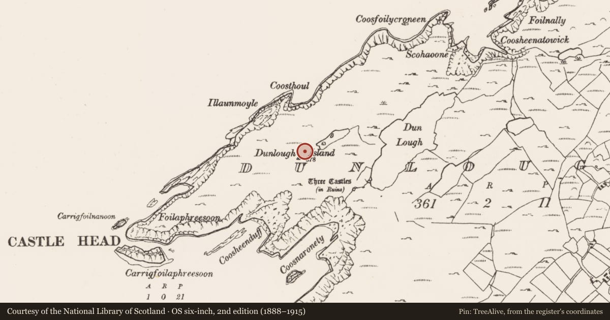 Ordnance Survey six-inch map, 2nd edition (1888–1915) covering the location of Promontory fort - coastal, Dunlough, County Cork, with a pin at the register's coordinates