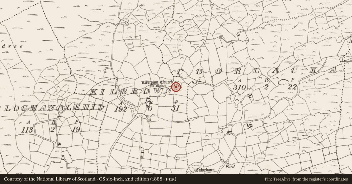 Ordnance Survey six-inch map, 2nd edition (1888–1915) covering the location of Ecclesiastical enclosure, Kilbrown, County Cork, with a pin at the register's coordinates