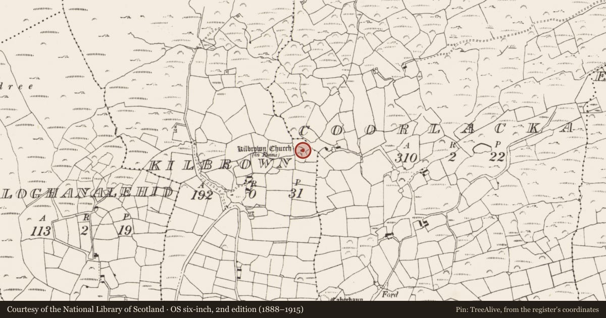 Ordnance Survey six-inch map, 2nd edition (1888–1915) covering the location of Church, Kilbrown, County Cork, with a pin at the register's coordinates