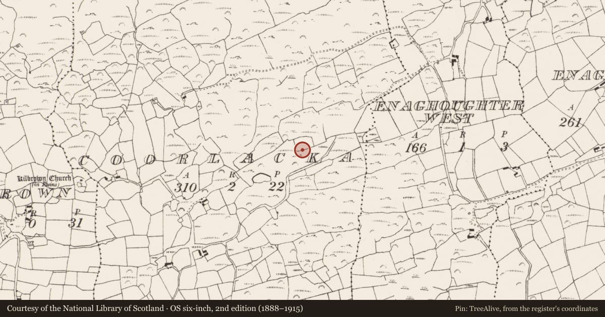 Ordnance Survey six-inch map, 2nd edition (1888–1915) covering the location of Burial ground, Coorlacka, County Cork, with a pin at the register's coordinates