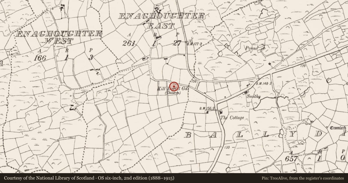 Ordnance Survey six-inch map, 2nd edition (1888–1915) covering the location of Burial ground, Enaghoughter East, County Cork, with a pin at the register's coordinates