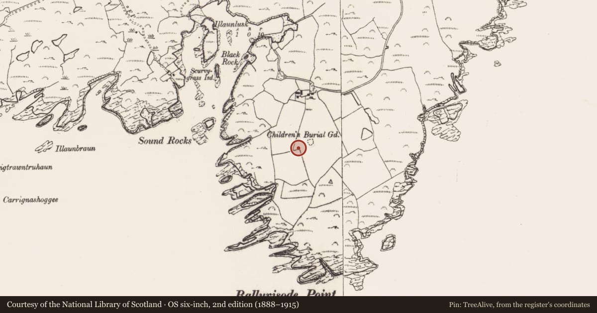 Ordnance Survey six-inch map, 2nd edition (1888–1915) covering the location of Souterrain, Ballyrisode, County Cork, with a pin at the register's coordinates