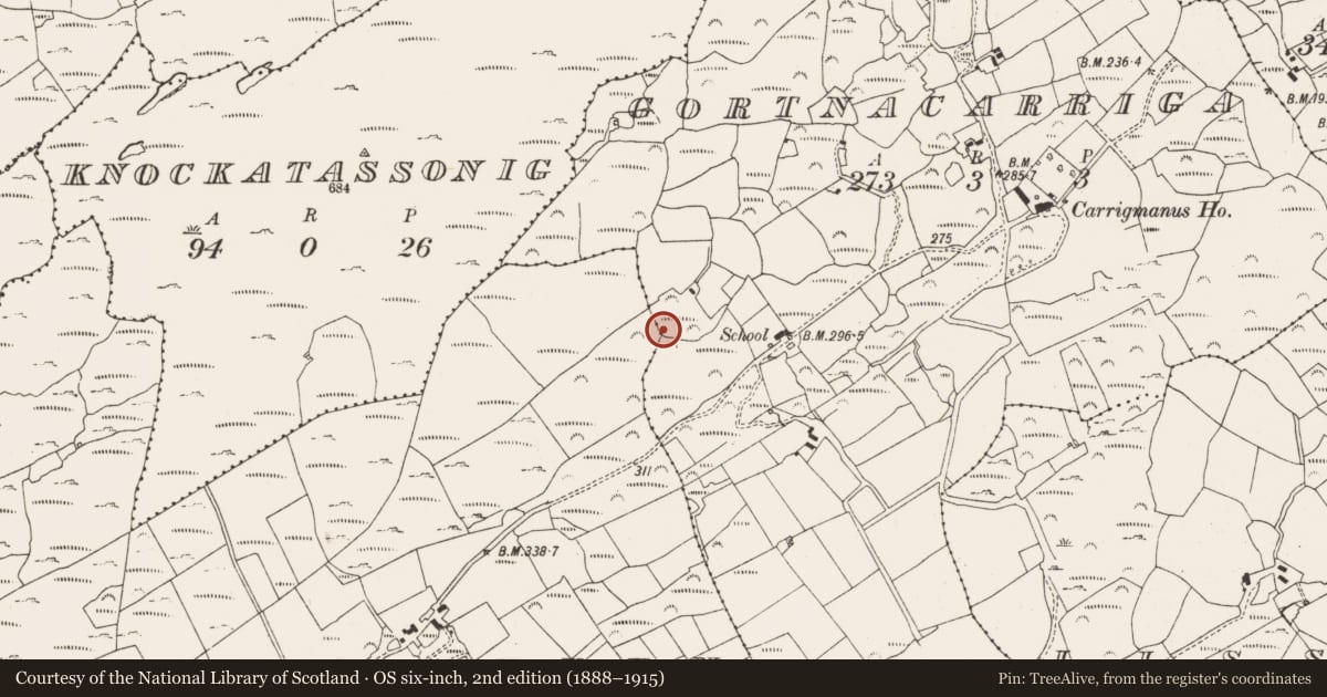 Ordnance Survey six-inch map, 2nd edition (1888–1915) covering the location of Burial ground, Gortnacarriga, County Cork, with a pin at the register's coordinates