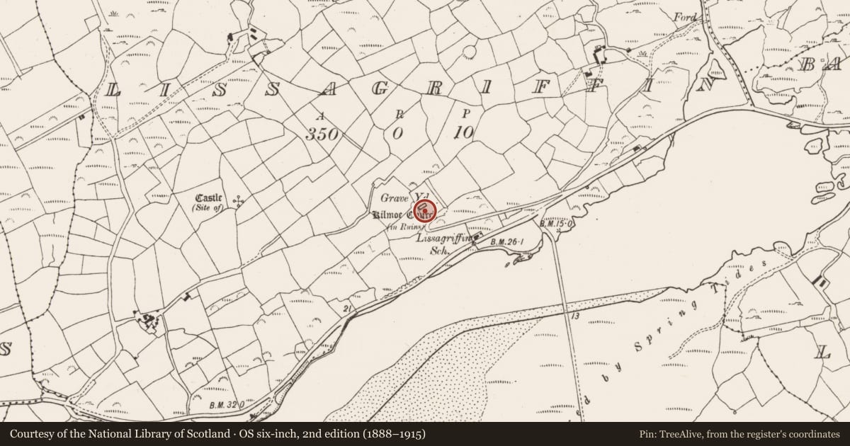 Ordnance Survey six-inch map, 2nd edition (1888–1915) covering the location of Church, Lissagriffin, County Cork, with a pin at the register's coordinates