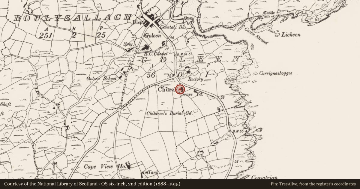 Ordnance Survey six-inch map, 2nd edition (1888–1915) covering the location of Graveyard, Goleen, County Cork, with a pin at the register's coordinates