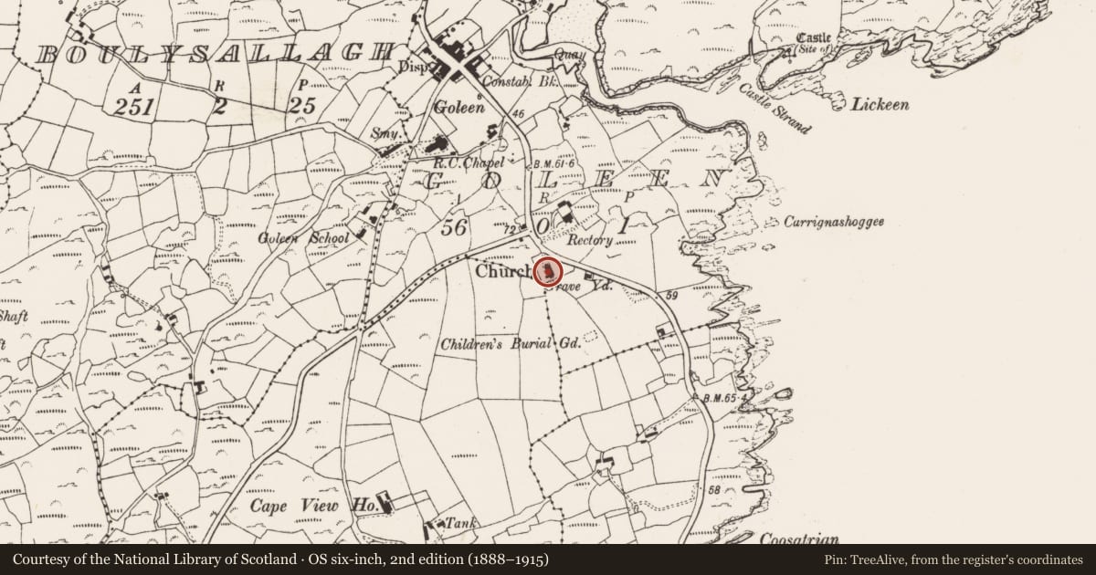 Ordnance Survey six-inch map, 2nd edition (1888–1915) covering the location of Church, Goleen, County Cork, with a pin at the register's coordinates