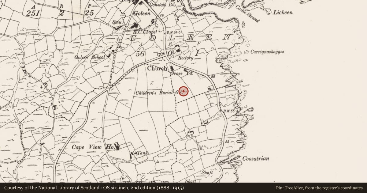Ordnance Survey six-inch map, 2nd edition (1888–1915) covering the location of Burial ground, Goleen, County Cork, with a pin at the register's coordinates