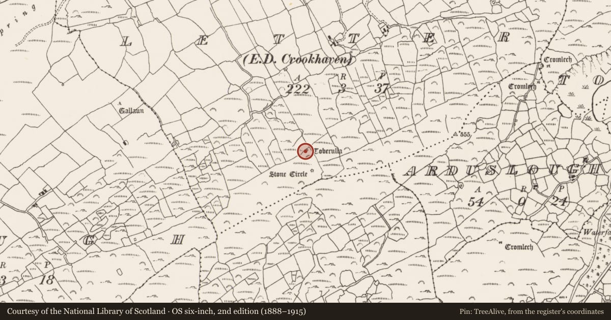 Ordnance Survey six-inch map, 2nd edition (1888–1915) covering the location of Ritual site - holy well, Letter (Carbery West (W.D) By., Kilmoe Par.), County Cork, with a pin at the register's coordinates