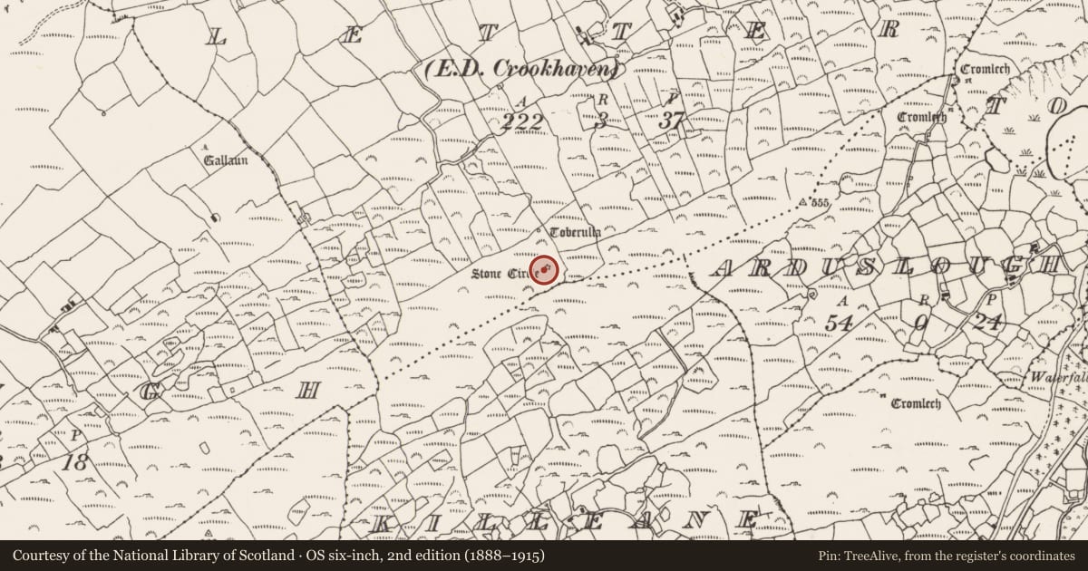 Ordnance Survey six-inch map, 2nd edition (1888–1915) covering the location of Enclosure, Letter (Carbery West (W.D) By., Kilmoe Par.), County Cork, with a pin at the register's coordinates