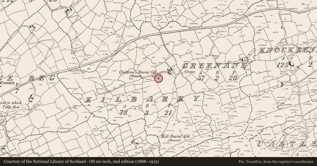 Ordnance Survey six-inch map, 2nd edition (1888–1915) covering the location of Burial ground, Kilbarry, County Cork, with a pin at the register's coordinates