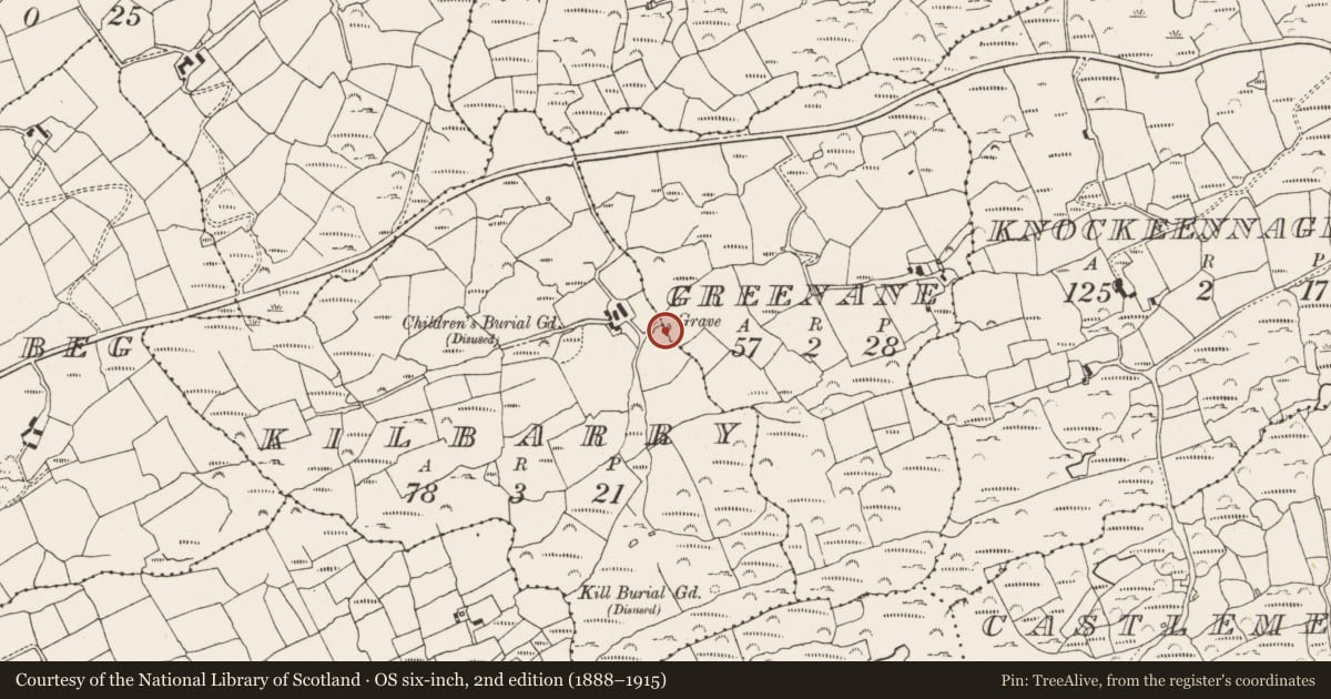 Ordnance Survey six-inch map, 2nd edition (1888–1915) covering the location of Burial, Greenane, County Cork, with a pin at the register's coordinates
