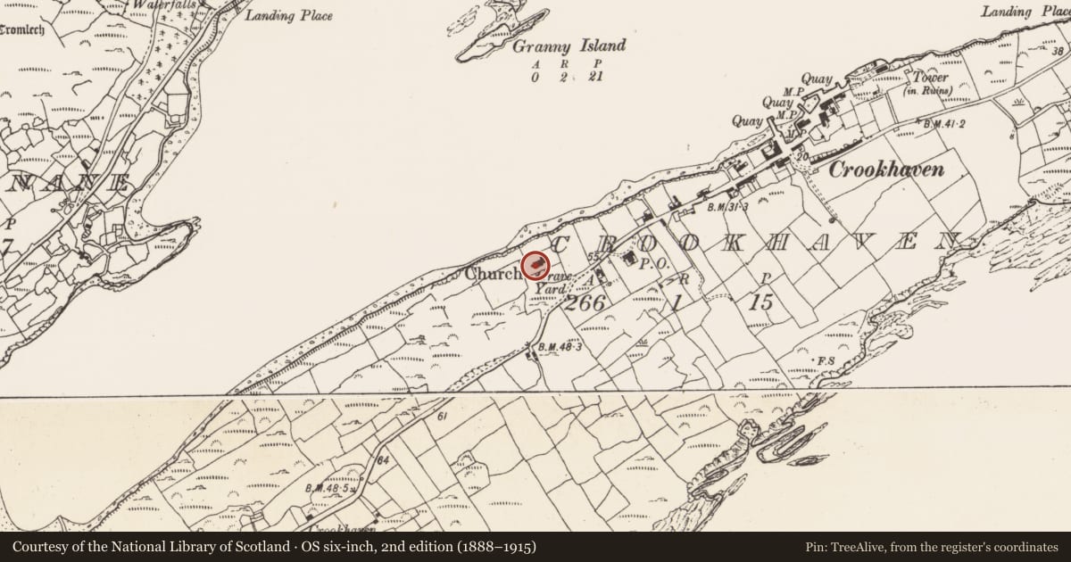 Ordnance Survey six-inch map, 2nd edition (1888–1915) covering the location of Graveyard, Crookhaven, County Cork, with a pin at the register's coordinates