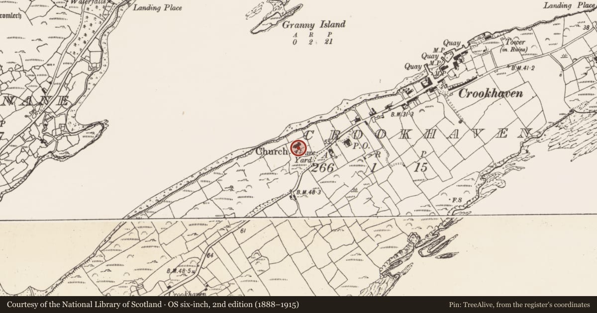 Ordnance Survey six-inch map, 2nd edition (1888–1915) covering the location of Church, Crookhaven, County Cork, with a pin at the register's coordinates