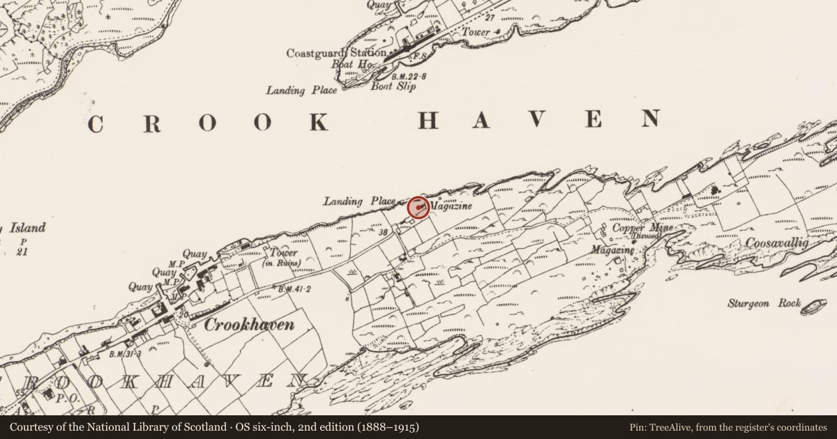 Ordnance Survey six-inch map, 2nd edition (1888–1915) covering the location of Magazine, Crookhaven, County Cork, with a pin at the register's coordinates