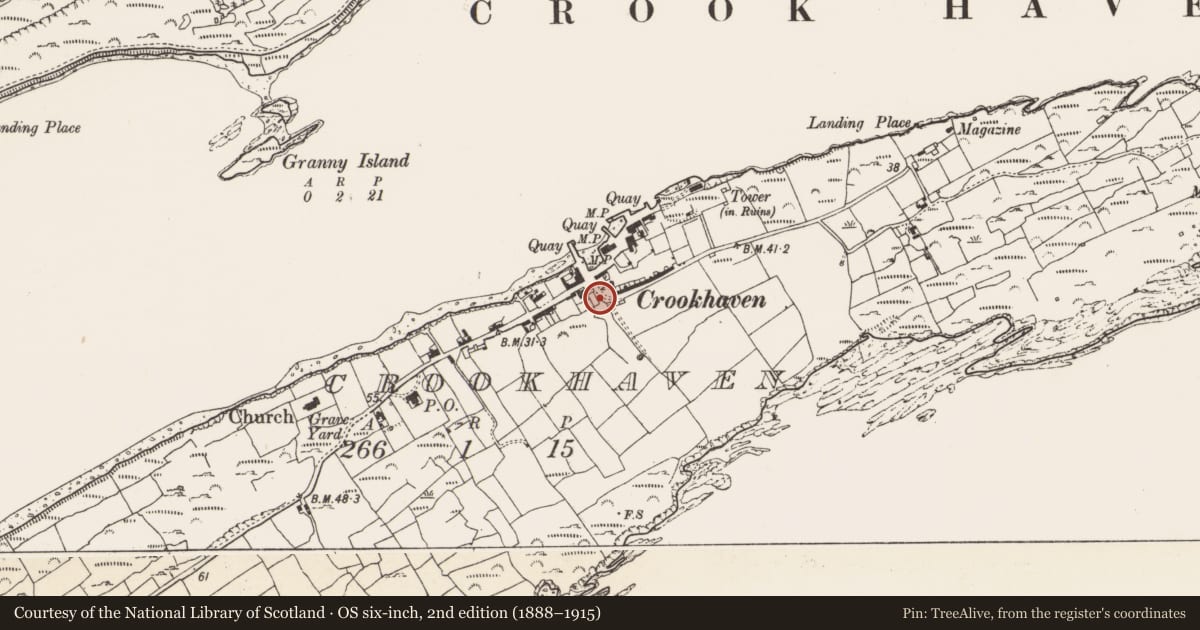 Ordnance Survey six-inch map, 2nd edition (1888–1915) covering the location of Historic town, Crookhaven, County Cork, with a pin at the register's coordinates