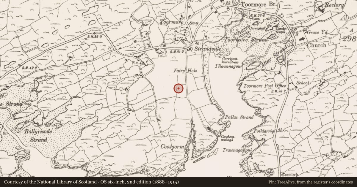 Ordnance Survey six-inch map, 2nd edition (1888–1915) covering the location of Cairn - unclassified, Toormore, County Cork, with a pin at the register's coordinates