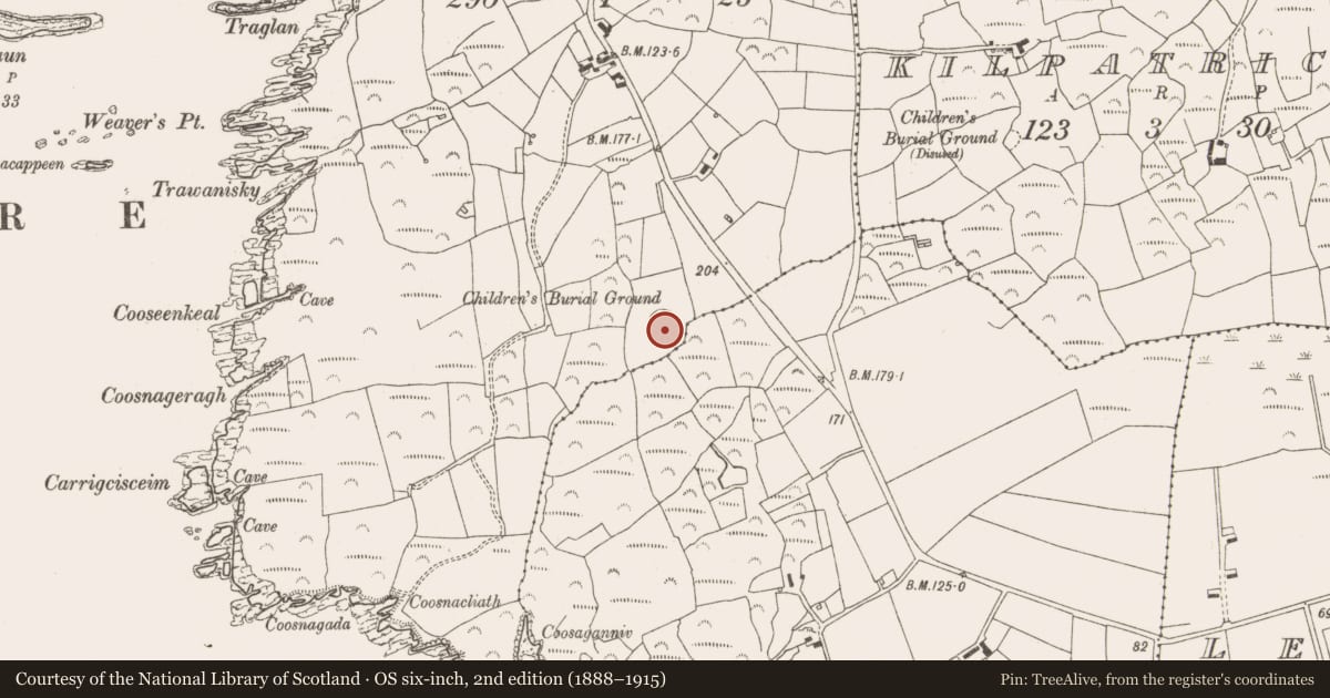 Ordnance Survey six-inch map, 2nd edition (1888–1915) covering the location of Children's burial ground, Cove, County Cork, with a pin at the register's coordinates