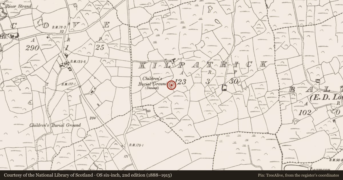 Ordnance Survey six-inch map, 2nd edition (1888–1915) covering the location of Burial ground, Kilpatrick, County Cork, with a pin at the register's coordinates