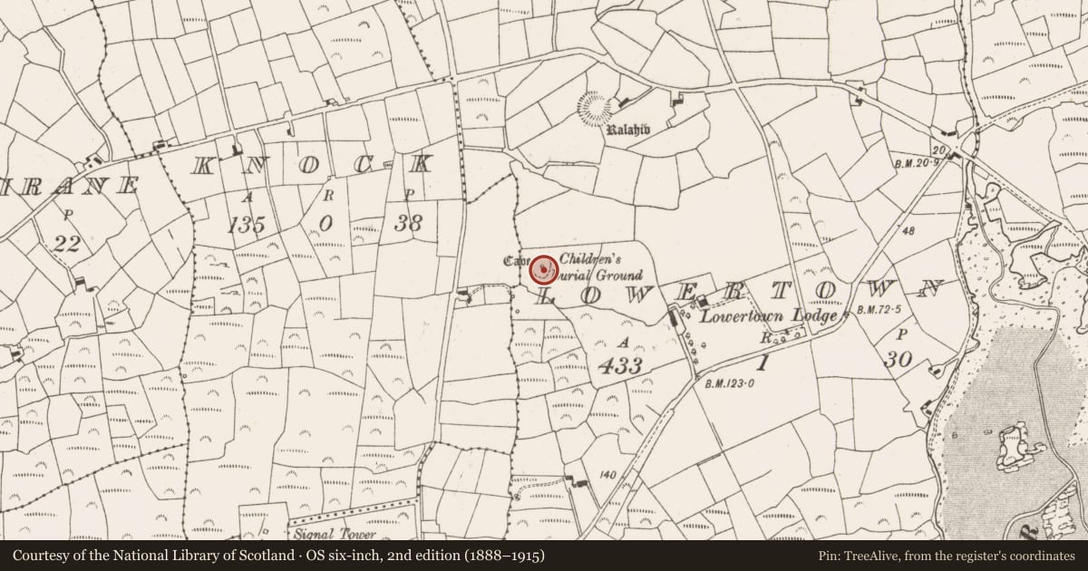 Ordnance Survey six-inch map, 2nd edition (1888–1915) covering the location of Burial ground, Lowertown, County Cork, with a pin at the register's coordinates