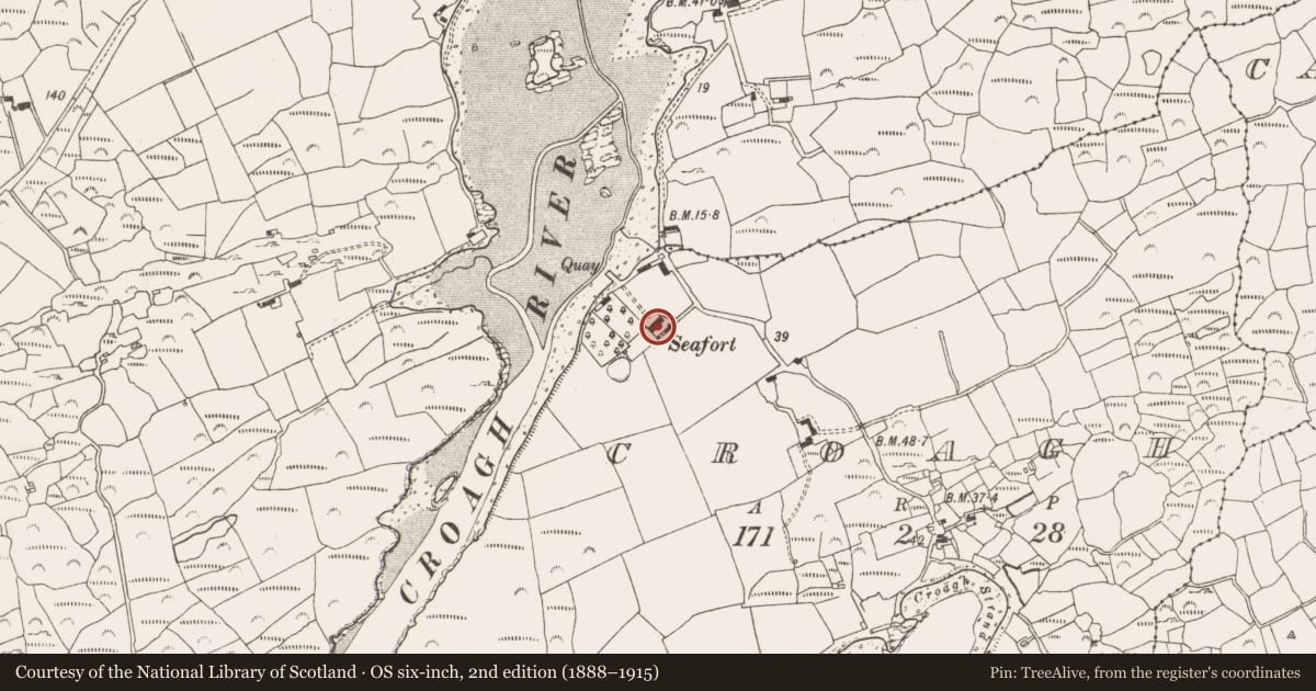 Ordnance Survey six-inch map, 2nd edition (1888–1915) covering the location of Country house, Croagh, County Cork, with a pin at the register's coordinates