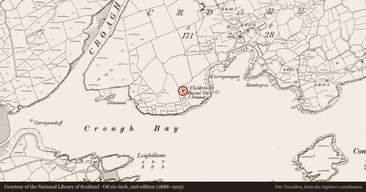 Ordnance Survey six-inch map, 2nd edition (1888–1915) covering the location of Church, Croagh, County Cork, with a pin at the register's coordinates