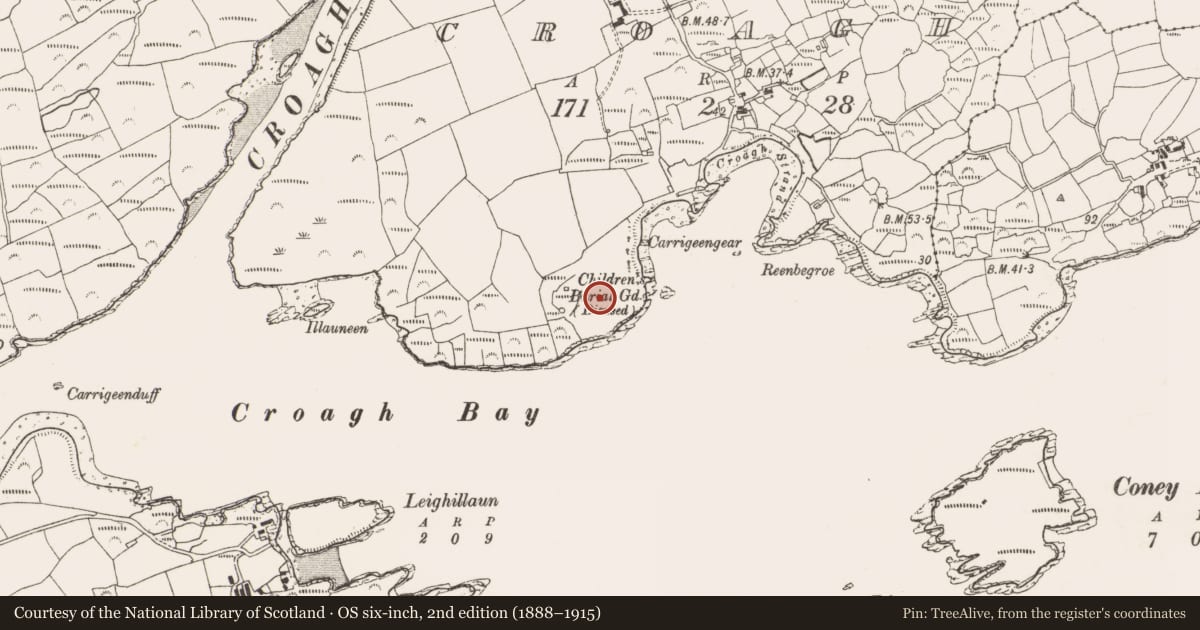 Ordnance Survey six-inch map, 2nd edition (1888–1915) covering the location of Structure, Croagh, County Cork, with a pin at the register's coordinates