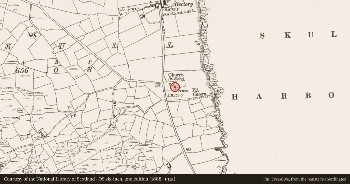 Ordnance Survey six-inch map, 2nd edition (1888–1915) covering the location of Graveyard, Skull, County Cork, with a pin at the register's coordinates