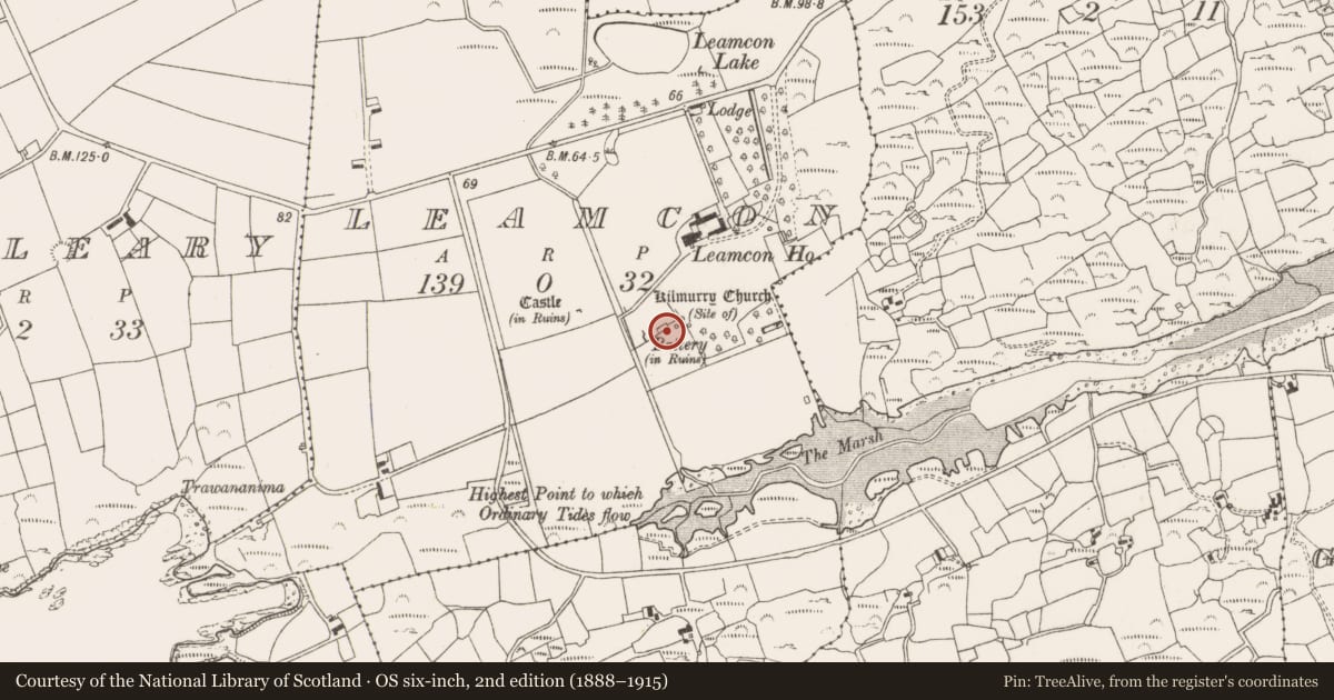 Ordnance Survey six-inch map, 2nd edition (1888–1915) covering the location of Battery, Leamcon, County Cork, with a pin at the register's coordinates